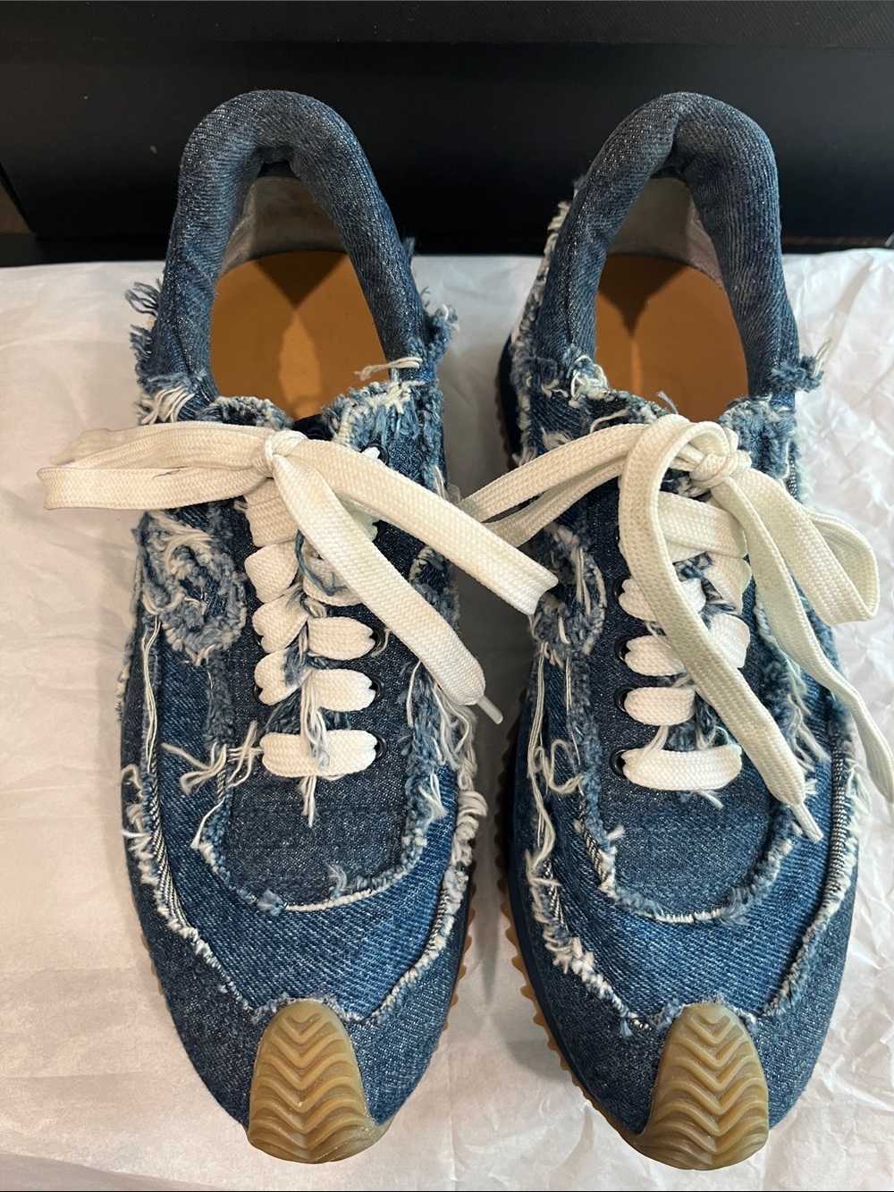 Loewe Distressed Denim Runner Sneakers in Blue with Cream Laces - Picture 9 of 12